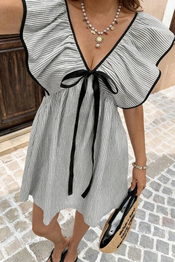 Striped Print Loose V-neck Tie Bow Casual Mini Dress