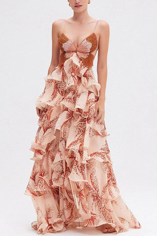 Ariae Butterfly Print Multi-layered Ruffles Backless Tie-up Maxi Dress