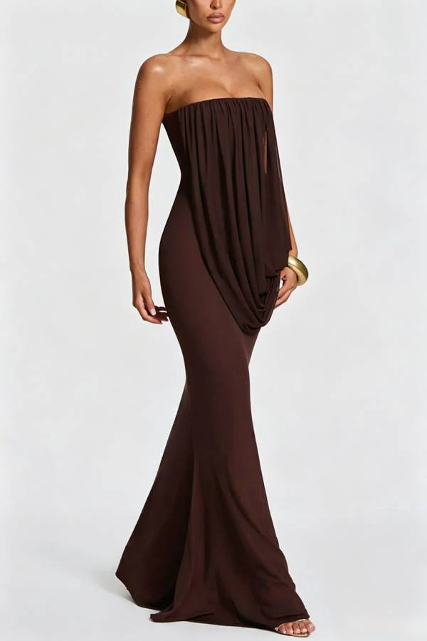 Vienna Modal Jersey Ruched Asymmetric Draped Mesh Strapless Maxi Dress