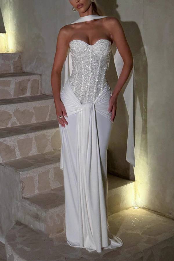 Strapless Sequin Corset Ruched Slit Evening Gown