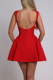Solid Color Cinch Waist Open Back Mini Tank Dresses-Red