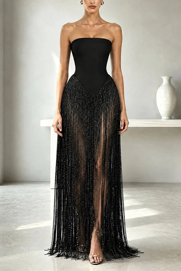 Hot, Sexy Babe Solid Color Off Shoulder Tassel Hem Maxi Dress