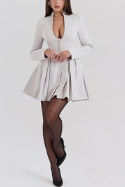 Deep V Neck Long Sleeve Cinch Waist Pleated Mini Dresses-Grey [Pre Order]