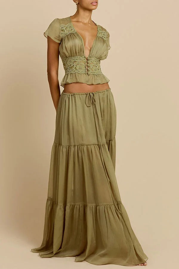 Sabrina Chiffon Mid Rise Adjustable Waist Tiered Silhouette Maxi Skirt