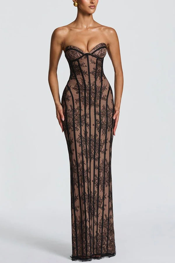 Sian Floral Lace Contrast Structural Detail Back Lace-up Strapless Slit Maxi Dress