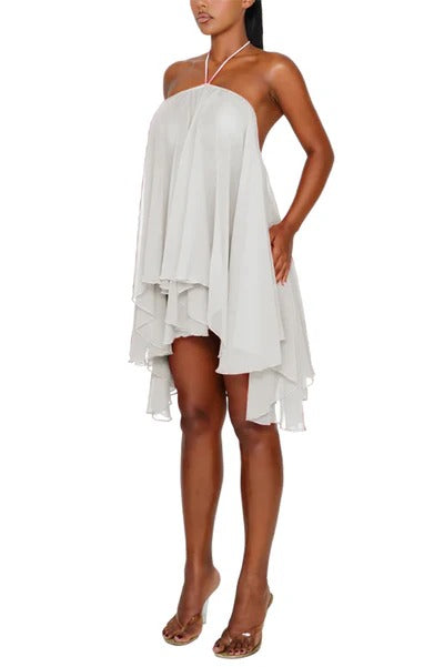 Oastal Escape Fluid Chiffon Halter High Low Layered Hem A-line Mini Dress