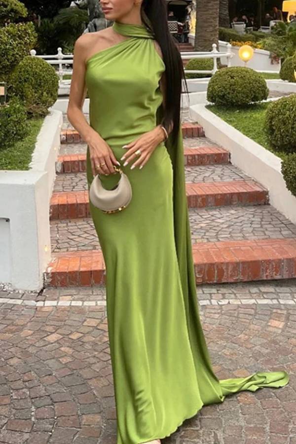 One-Shoulder Halter Satin Slim Fishtail Evening Dress With Streamer