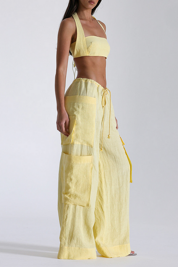 Halter Crop Top Oversize Pocket Wide Leg Pants Matching Set-Yellow [Pre Order]