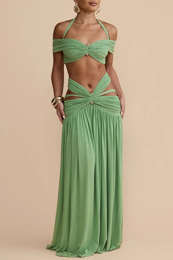 Martina Stretch Mesh Gold Metal Detail Gathered Cutout Waist Vacation Maxi Skirt