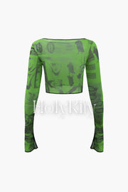 Abstract Print Mesh Long Sleeve Crop Top