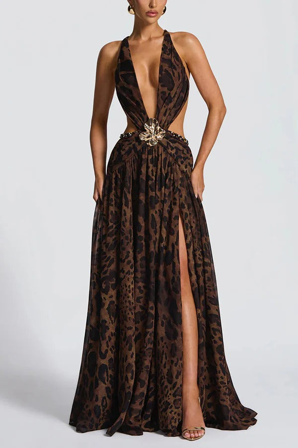 Kinara Leopard Print Deep V-neck Metal Flower Hollow Beads Detail Slit Maxi Dress