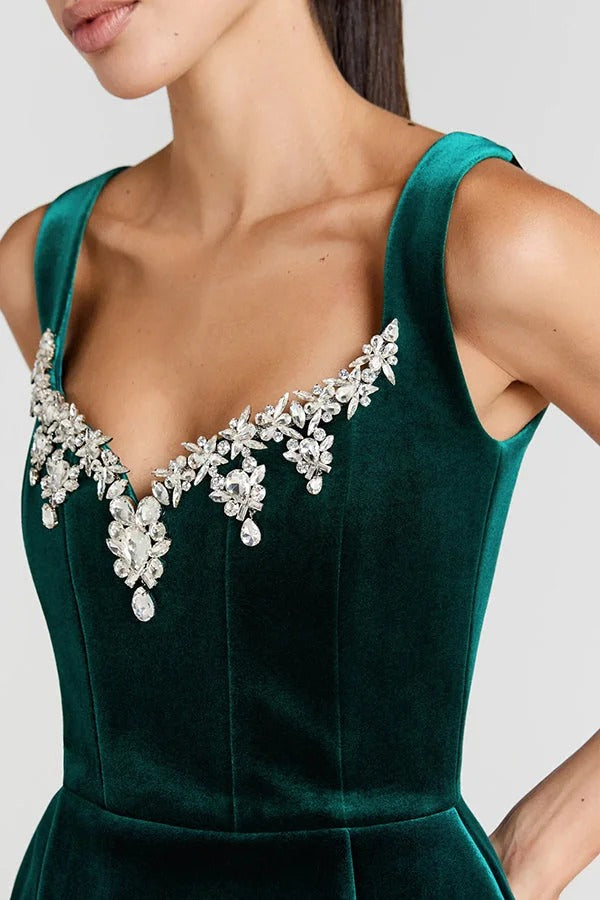 Blair Luxurious Velvet Jewel-encrusted Sweetheart Neck Pocket Tulip Stretch Mini Dress