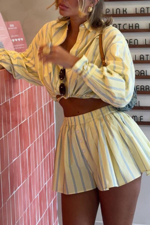 Yellow & Blue Striped Cropped Shirt + High-Waisted A-Line Skirt Set