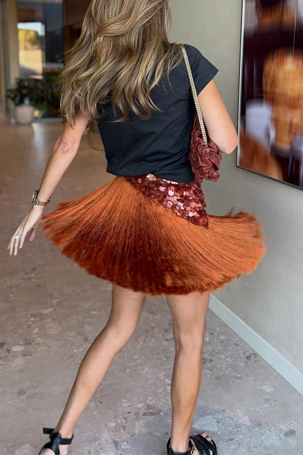 Velora Fringe Tassel Sequin High Waist Short Skirt