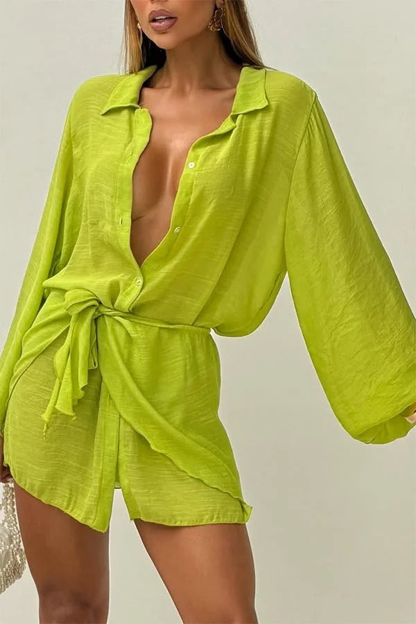 Kala Linen Blend Button Balloon Sleeve Blouse and Elastic Waist Warp Tie-up Mini Skirt Set