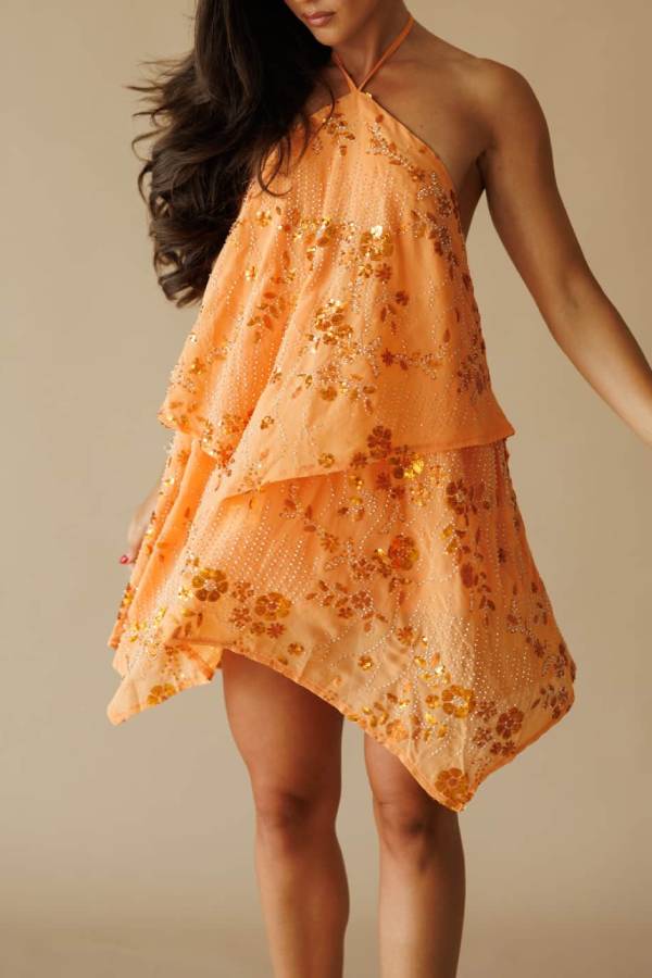 Orange Halter Sequin Beaded Tiered Backless Asymmetrical Hem Mini Dress