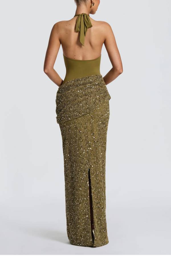 Solea Stretch Jersey Ruched Sequin Embellished Hem Adjustable Halter Maxi Dress