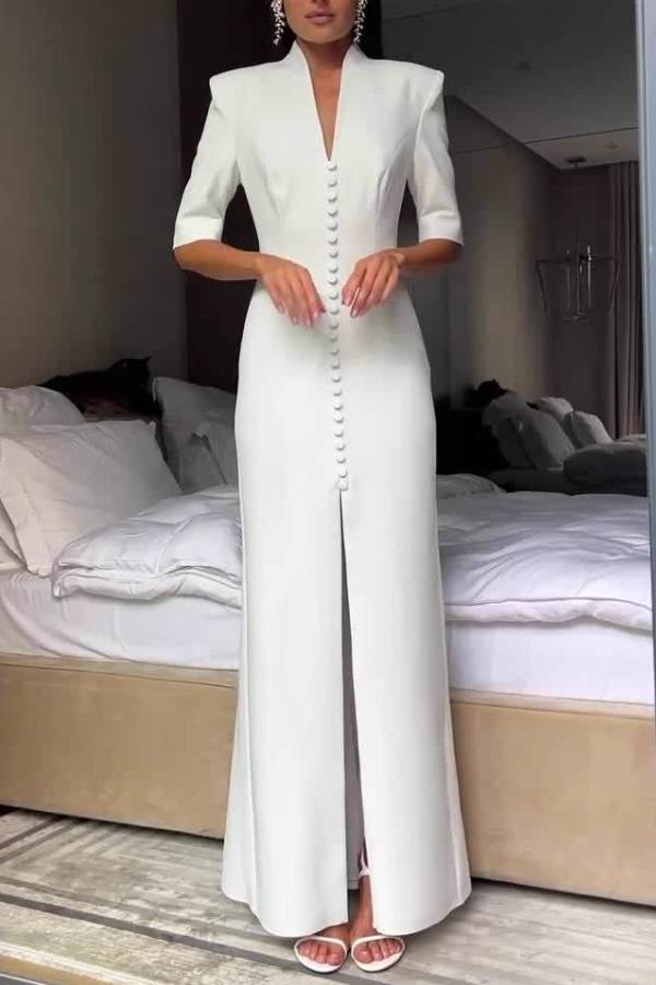 Stand Collar Padded Shoulder Button Front Slit Long Evening Gown