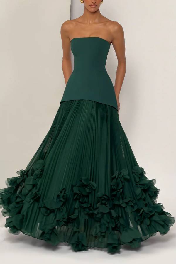Serafina Strapless Back Lace-up Handcrafted Floral Appliqués Pleated Hem Gown Maxi Dress