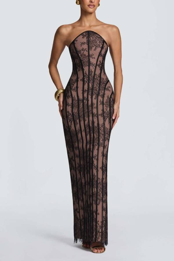 Strapless Lace Corset Lace‑Up Back Maxi Evening Gown