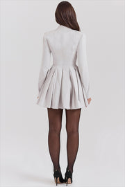 Deep V Neck Long Sleeve Cinch Waist Pleated Mini Dresses-Grey [Pre Order]
