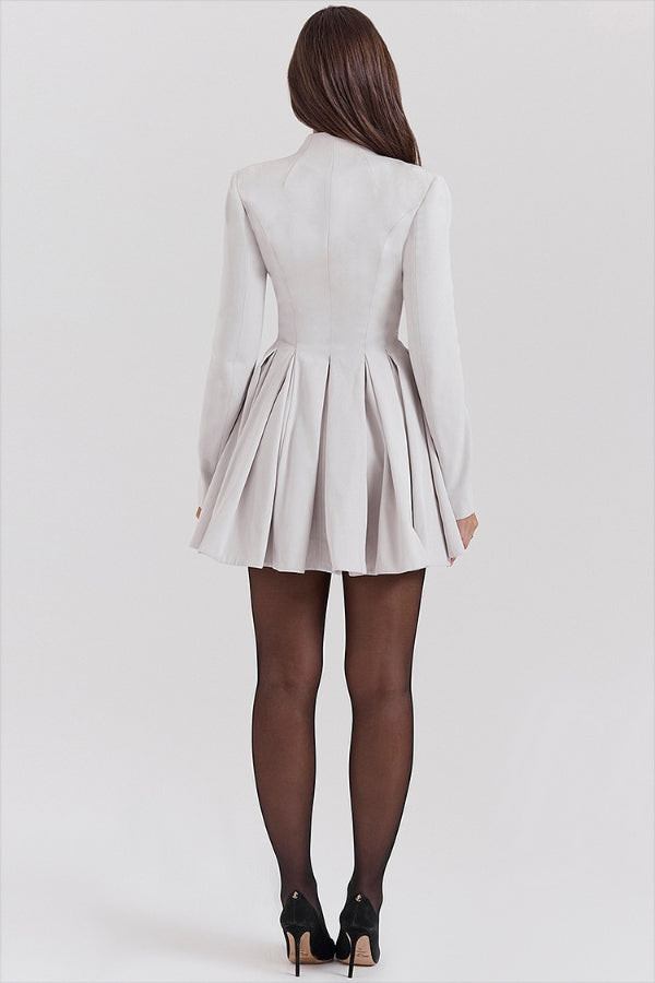 Deep V Neck Long Sleeve Cinch Waist Pleated Mini Dresses-Grey [Pre Order]