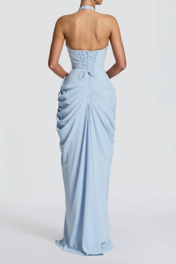 Minette Halter Back Lace-up Asymmetrical Pleats Slit Maxi Dress