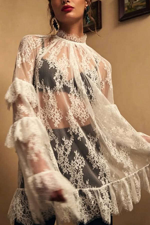Sexy See-through Lace Loose Long-sleeved Mini Dress