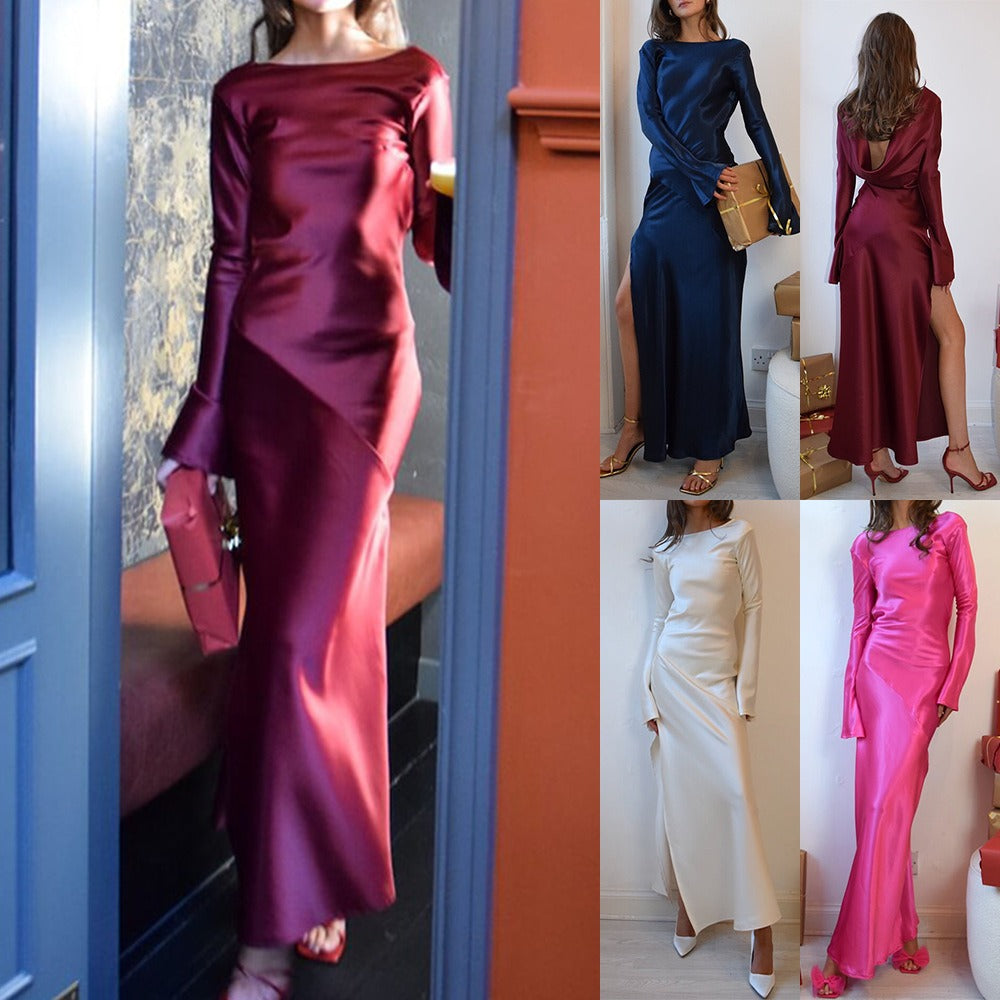 Satin Elegant Long-sleeved Open-back Slim-fit Slit Maxi Dress