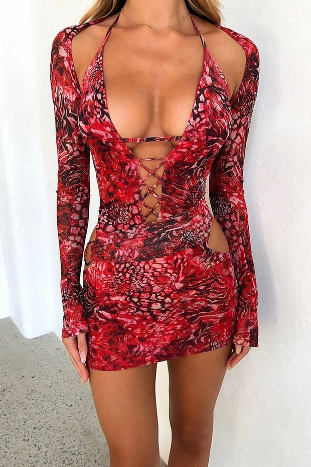 Floral Print Cutout Lace Up Long Sleeve Bodycon Mini Dresses