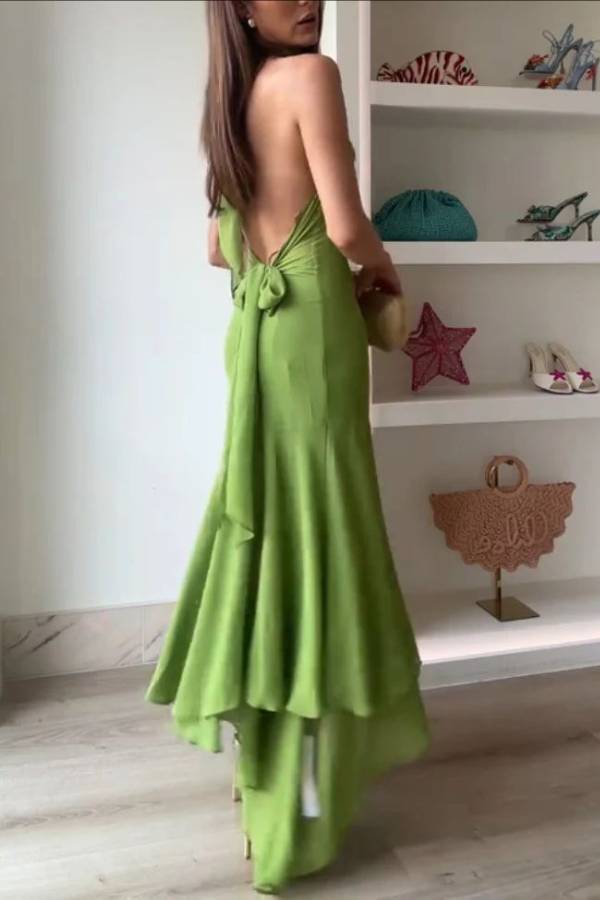 Halter Neck Cut-Out Backless Asymmetric Midi Dress