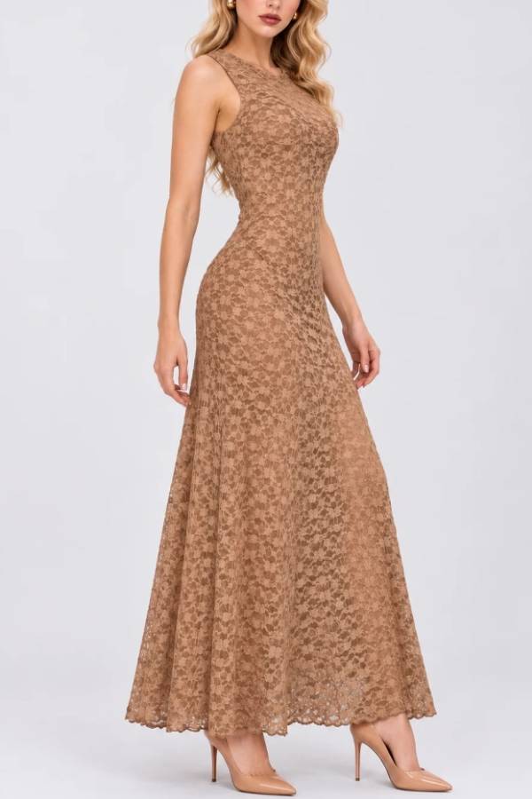 Sleeveless Crew Neck Lace Column Maxi Dress in Tan