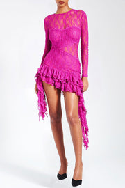 LONG SLEEVE LACE SEE THROUGH RUFFLE STRAPS PARTY MINI DRESSES
