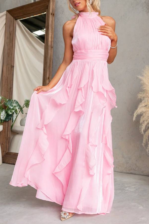 Shimmer Chiffon Halter Ruffle Bridesmaid Maxi Dress