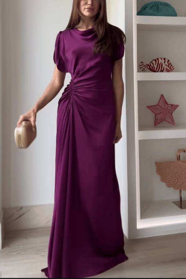 Draped Neck Ruched Satin Evening Gown