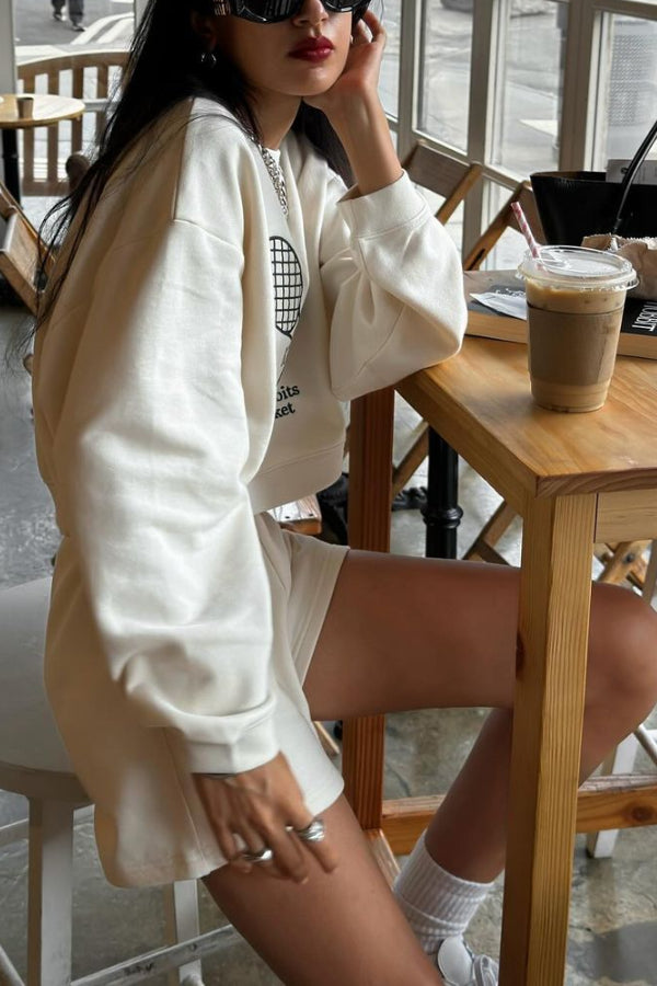 Vintage Casual Embroidered Sweatshirt And Sports High-waisted Shorts Set