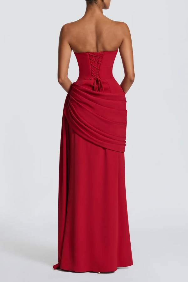 Matisse Strapless Pleated Cowl Overlay Back Lace-up Drape Panel Maxi Dress
