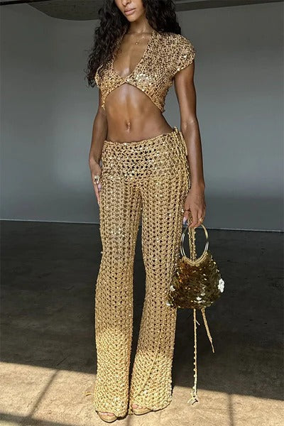 Gold Coast Knit Sequin Fabric Short Sleeve Crop Top and Adjustable Beaded Waist Loose Pants Set