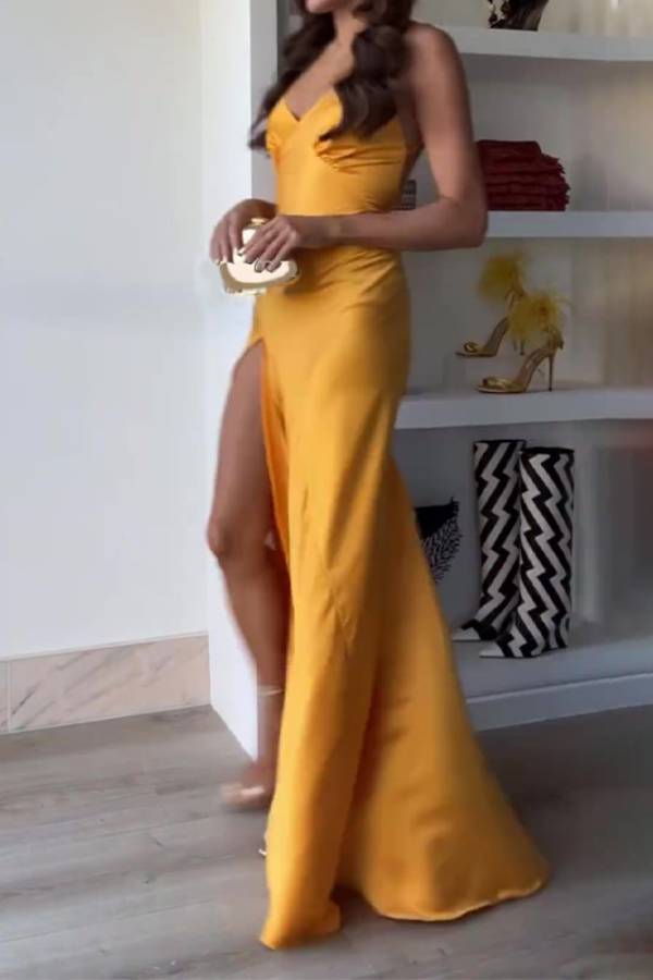 Strapless Deep V Satin High Slit Train Evening Dress