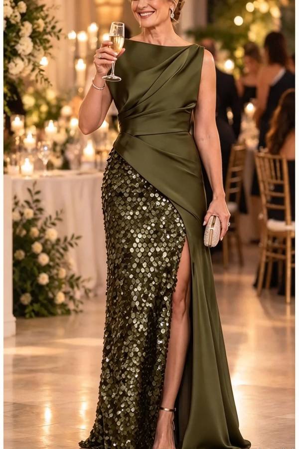 Sparkling Night Satin Sequin Fabric Boat Neck Ruched Waist Drape Slit Maxi Dress