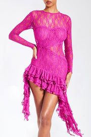 LONG SLEEVE LACE SEE THROUGH RUFFLE STRAPS PARTY MINI DRESSES