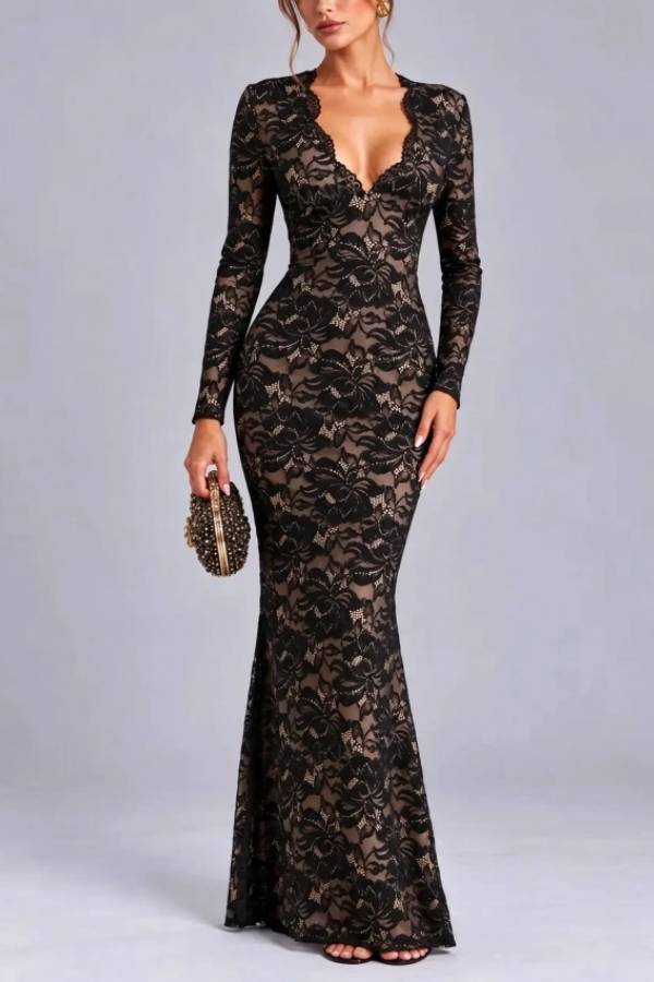 Black Floral Lace Plunge Neck Long Sleeve Maxi Evening Dress