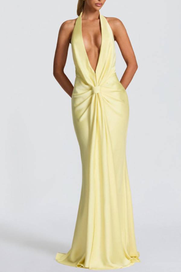 Halter Neck Twisted Knot Deep V Satin Maxi Dress