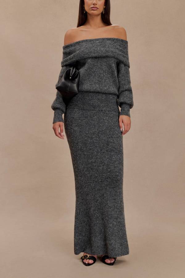Charlotte Knit Ribbed Waist Fishtail Stretch Maxi Skirt