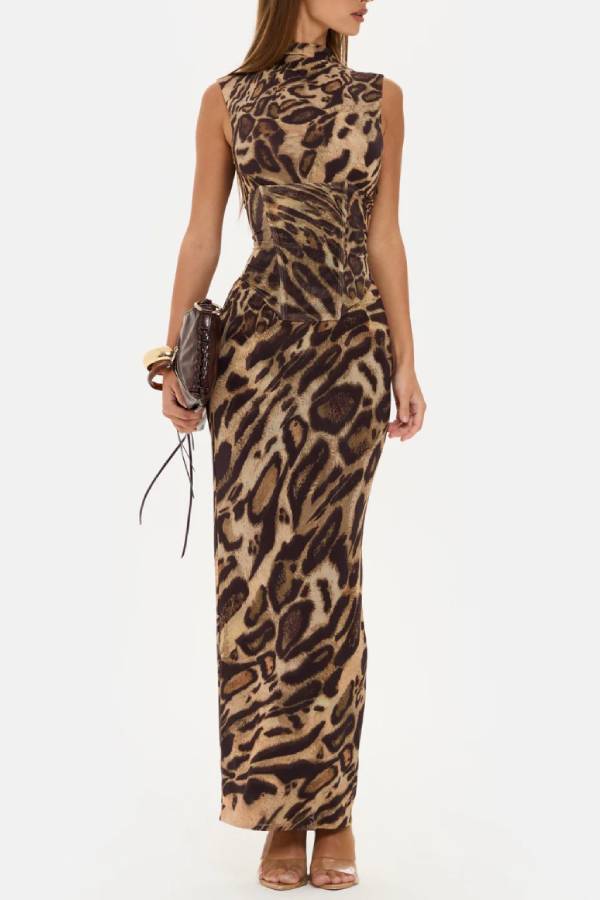 Leopard Print High-Neck Sleeveless Maxi Dress