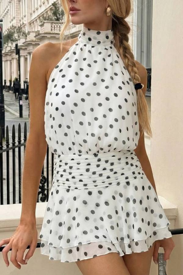 White Polka Dot Halter Backless Smocked Waist Double Ruffle Romper Shorts