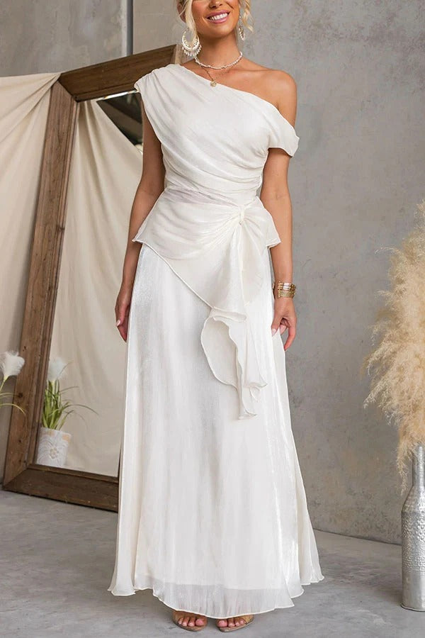 Yara Metallic One Shoulder Ruched Ruffle Hem Top and High Rise Flare Maxi Skirt Set