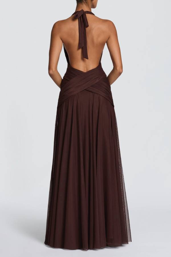 Halter Deep V Ruched Chiffon Evening Gown
