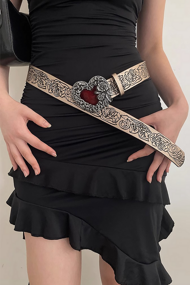 Graphic Print Heart-Shaped Metallic Decor Retro Belt-Brown