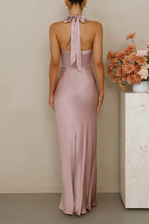 Halter Open Back Satin Midi Maxi Formal Dress Solid Bodycon Bridesmaid Gown